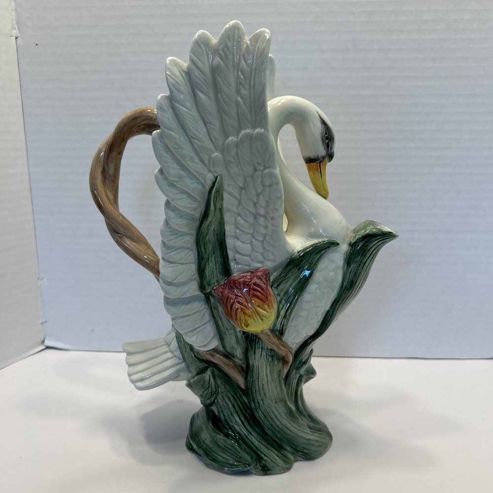 Fitz & Floyd Tulip Swan Pitcher/Carafe/Jug 1 Qt Vintage Hand Painted Ceramic - Picture 3 of 10